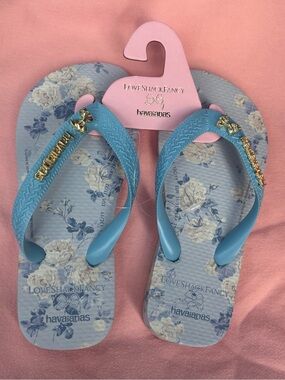 NWT Love Shack Fancy Girls Havaianas Blue Floral Flip Flops Size 1Y